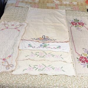 Vintage Embroidered Cross Stitched Table Runners and Pillowcases